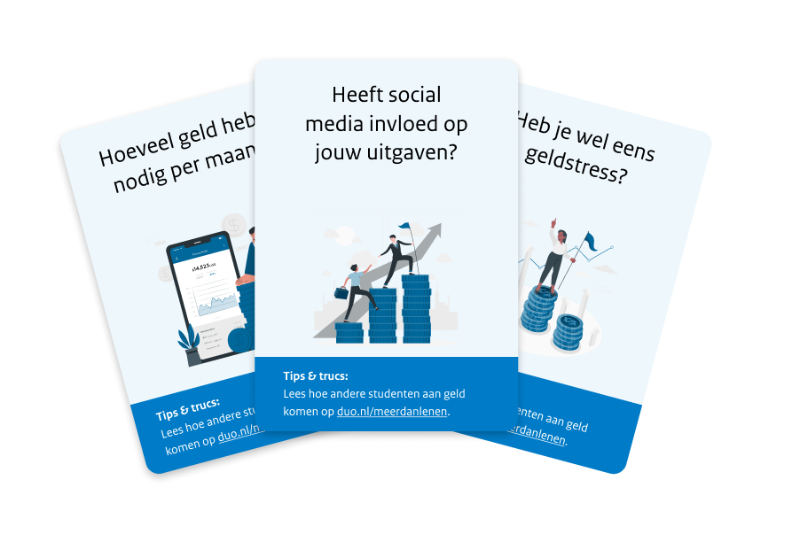 Illustratie van 3 gesprekskaartjes die als een waaier over elkaar heen liggen.